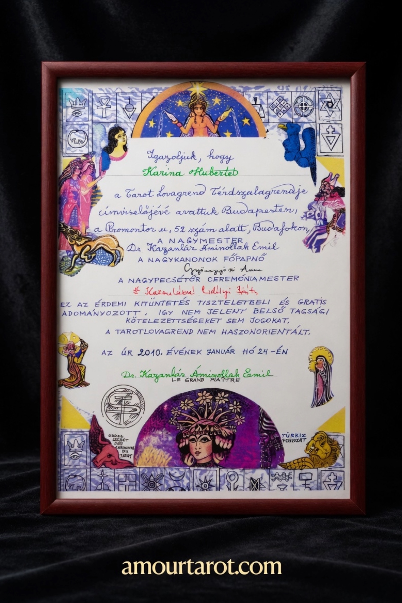Karina Hubertet Tarot Order certificate signed by Dr. Kazanlár Áminollah Emil