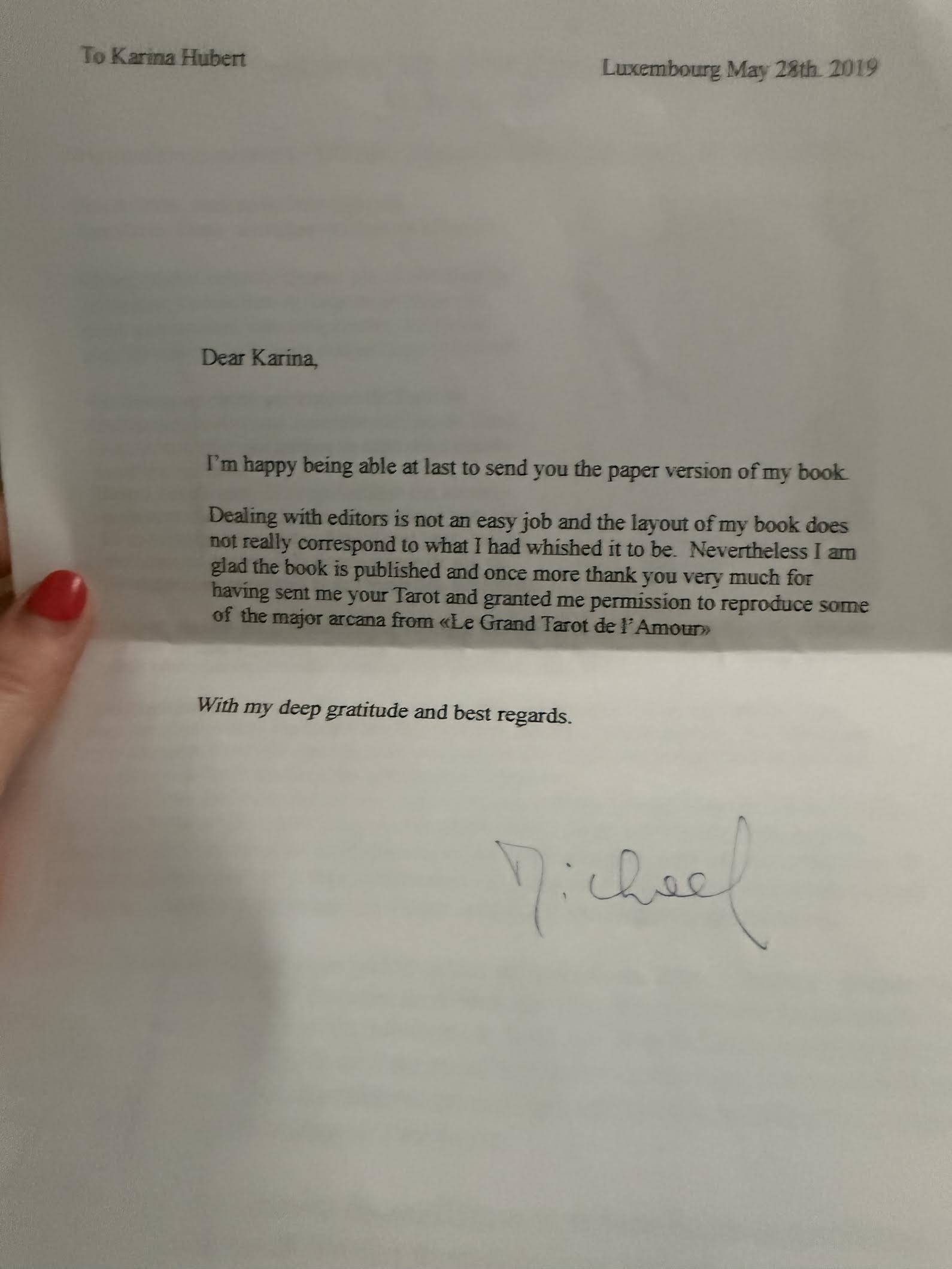 Michel Kieffer letter to Karina Hubert