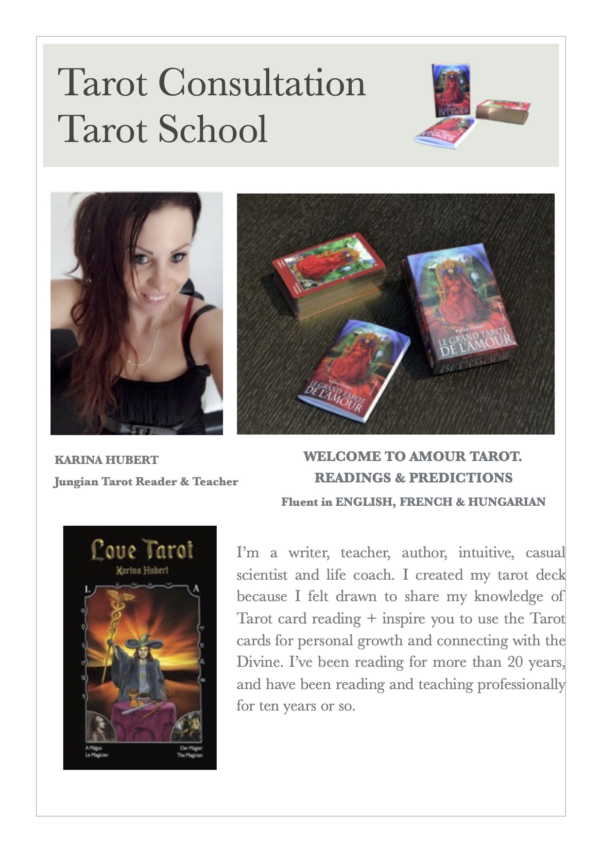 Karina Hubert Amour Tarot consultation and training