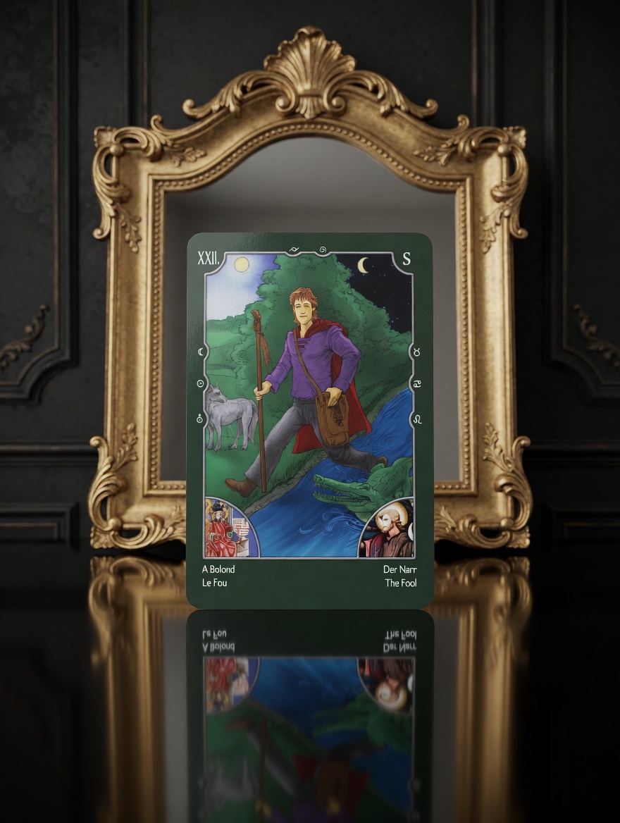 The Fool card in front of a mirror