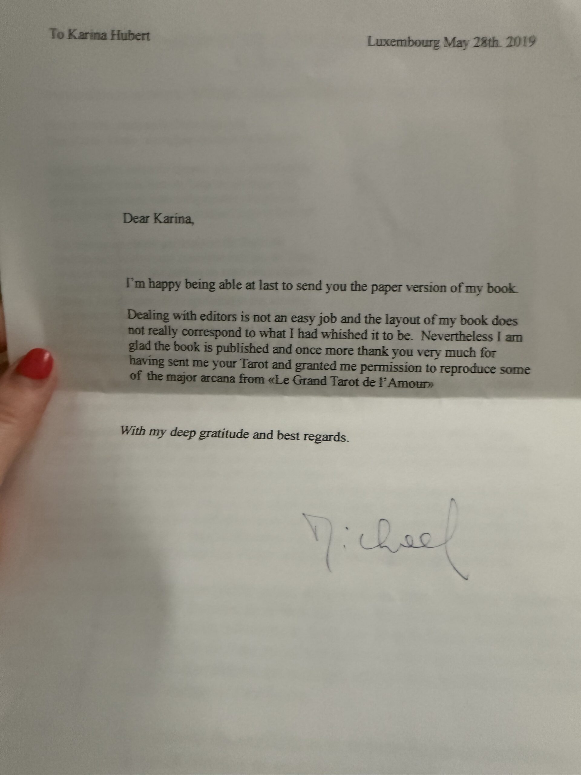 Letter from Michel Kieffer to Karina Hubert